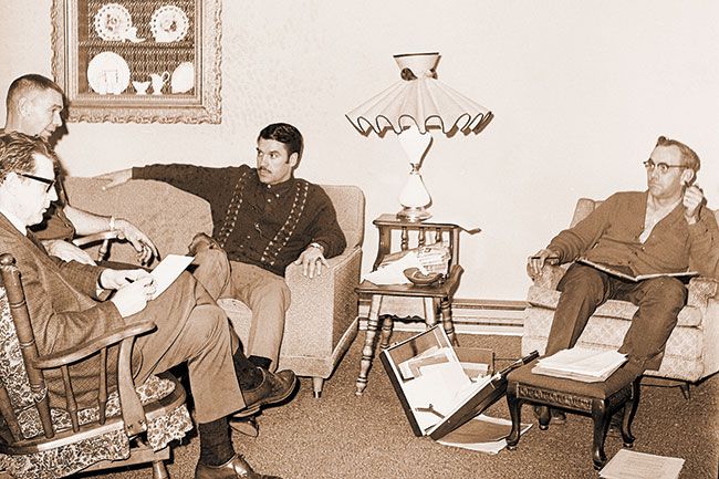 ##(March 1, 1969) Discussing plans for the seventh annual McMinnville Lions Club Twirling Contest March 15 at McMinnville High School are Lions Club members (l-r) Dr. Chet Gibson, ‘Johnny’ Johns, Jim Kats and Hugh Hickerson, chairman of the club’s committee. The all-day event, sanctioned by the United States Twirling Association, will draw over 500 contestants and is the biggest twirling event to be held in Oregon. Entrants will come from throughout the Northwest from as far away as Vancouver, B.C.