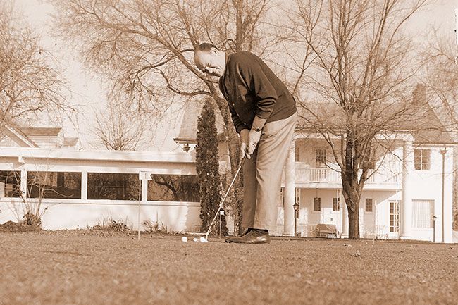 ##(Feb. 26, 1969) Nick Locke does a little practice putting at Bayou Country Club where he is club pro. Locke will be one of the professionals participating in the Oregon Mutual Invitational Open to be held March 17, 18 and 19 at Michelbook Country Club here.