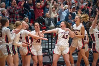 Rachel Thompson/News-Register##Ruby Riddle (45) celebrates a Grizzly 3-pointer from the bench with teammates — and the raucous home crown behind them — as the Grizzlies pulled away from their 6A playoffs first round matchup, Ida B. Wells, on Wednesday at McMinnville High School.