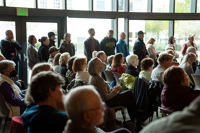 Rachel Thompson/News-Register##A standing room-only crowd filled the Kent Taylor Civic Center for the April 6 forum with Lindsay Berschauer and Bubba King. The forum lasted just over an hour and involved nine questions provided in advance to the candidates. King won the runoff in November.