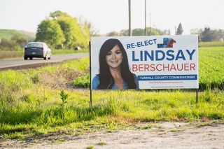 Rachel Thompson/News-Register##Board of Commissioners incumbent Lindsay Berschauer’s signs began appearing throughout Yamhill County, and neighboring counties, in late March.
