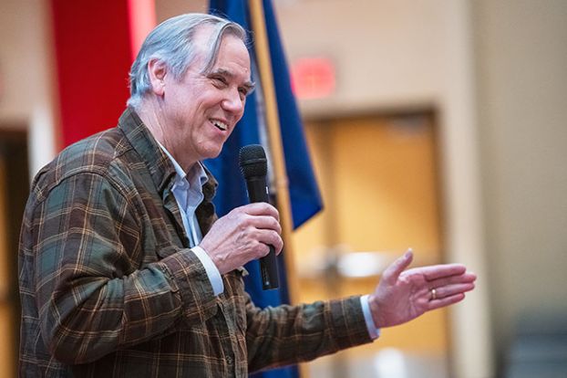 Rusty Rae/News-Register##U.S. Sen. Jeff Merkley, D-Oregon, speaks to a crowd of about 120 people Friday at McMinnville HIgh School. His visit was his 551st town hall since he took office in 2009. He said it’s vital to keep in touch with constituents so he can make the right decisions in Washington, D.C.
