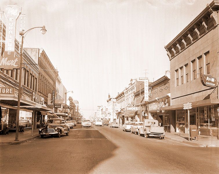 Telephone-Register file photo##A view of Third Street from Baker Street looking east in the summer of 1960, long before trees were planted downtown.
