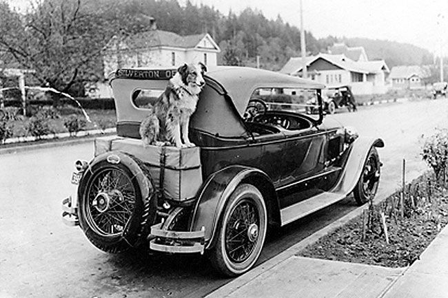 Image: silvertonbobbie.com##Bobbie the Wonder Dog perches on the trunk of the Braziers’ Overland Red Bird touring car in Silverton.