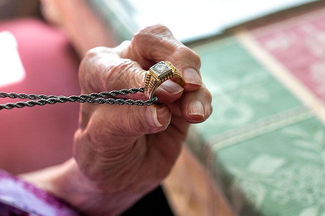Rusty Rae/News-Register##On a chain around her neck, Margaret Kurpies wears the wedding band from her marriage to Maurice. “Our 12 ½ years together were the happiest of my life,” she said.