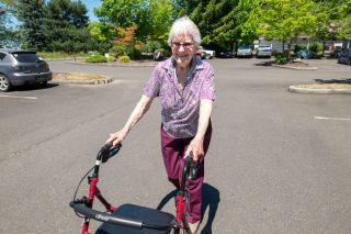 Rusty Rae/News-Register##At 99, Margaret Kurpies walks around the parking lot at her apartment complex four times a day. She used to do a longer route, a two-mile loop through McMinnville. She’s always walked for health and pleasure, she said.