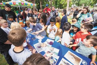Rachel Thompson/News-Register##Marine species and photos draw the avid attention of children, and a few adults, at the McMinnville Library STEM event June 28 in Upper City Park.