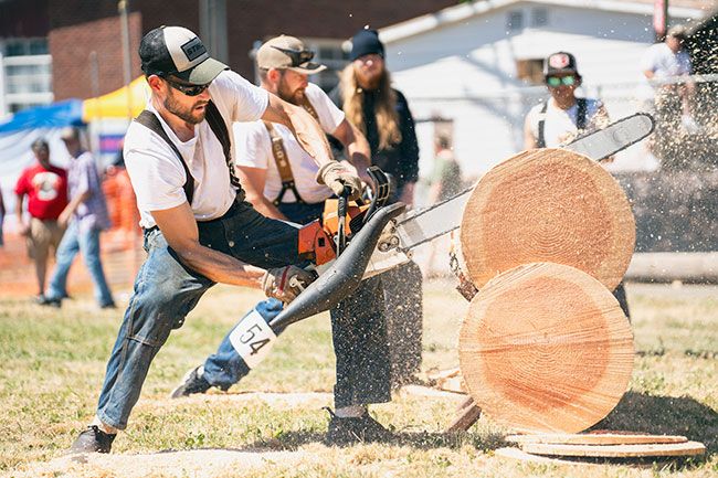 Rachel Thompson/News-Register file photo##Ryen Shelton, foreground, from Willamina, competes with Shane Felton, from Grand Ronde, during last year’s Willamina July 4 logging show, held at West Valley Community Campus. Rachel Thompson/News-Register file photo##Ryen Shelton, foreground, from Willamina, competes with Shane Felton, from Grand Ronde, during last year’s Willamina July 4 logging show, held at West Valley Community Campus.