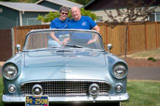 Rusty Rae/News-Register##Sandy and Dennis Parr have shared an interest in vintage cars, such as this 1956 Thunderbird, since they met as seniors at McMinnville High School. They enjoy driving their T-Bird to local events, including this Saturday’s Cruising McMinnville.