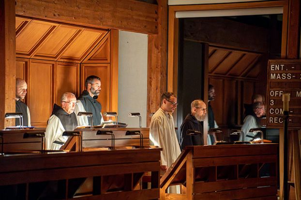 Rachel Thompson/News-Register##Monks at Lafayette Trappist Abbey arrive individually for Vigils, but worship in the pre-dawn as a team.