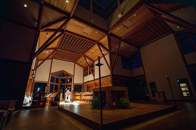 Rachel Thompson/News-Register##Vaulted ceiling and skylights and large window in the Abbey chapel create a calming prayer setting.