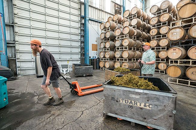 Rachel Thompson/News-Register##Inside R. Stuart & Co., Nic Gates, cellar manager, hauls away a load of spent pulp, known as pomace, after juice was extracted from the grapes. At right is general manager Deven Morganstern.