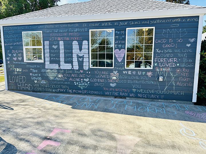 Submitted photo##East wall of the Young Life building, 14th and Ford streets, bears the heartfelt messages of support from friends of Mikalynn Morris, who died from suicide last week.