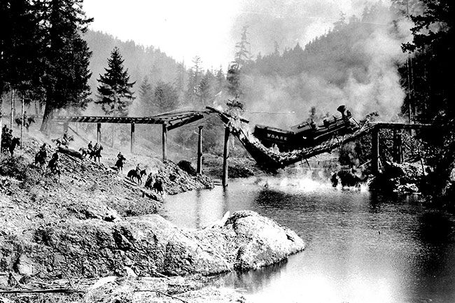 Image: Cottage Grove Historical Society##The “money shot” in Buster Keaton’s classic “The General”: A full-size, working steam locomotive collapsing through a burning bridge into the Row River.