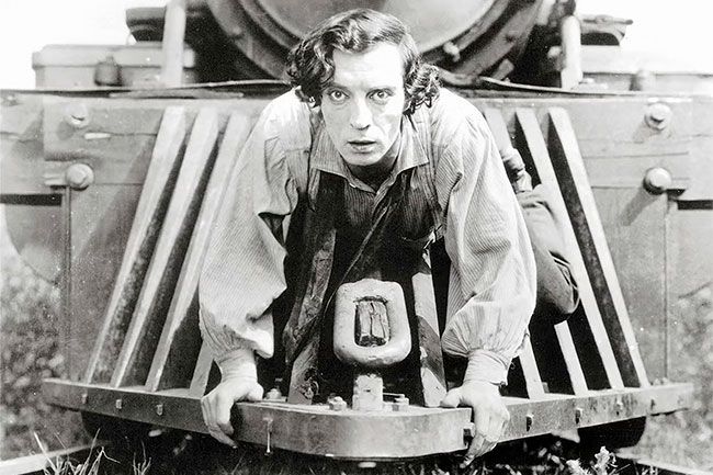 ##A still from the movie “The General,” in which Johnny Grey (Buster Keaton) climbs onto the cowcatcher on the front of his speeding locomotive to foil an attempt by bandits to rob his train.