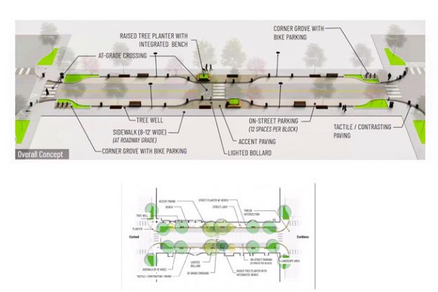 Image: SERA Architects##(Top) A design concept drawing shows planned elements for a redeveloped and curbless Third Street. Some components, such as benches, tree wells and bollards, are used to differentiate the street and sidewalk areas. Trees have been faded in the image to highlight other design features. (Bottom) A concept design for one block of the Third Street Development Project shows planned tree locations and other elements. Recent revisions provide more spacing between trees for more effective street lighting.