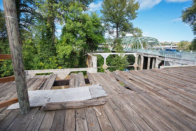 Rachel Thompson/News-Register##Hebert Plaza, overlooking the Yamhill River along Bridge Street, is among the parks projects scheduled for next year in Sheridan. The plaza is partly off-limits, for safety reasons, following the collapse of an adjoining community building four years ago.