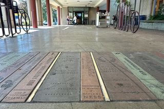 Kirby Neumann-Rea/News-Register##Library walkway-ography includes “Huckleberry Finn,” “Grapes of Wrath” and “Fahrenheit 451” to name a few.