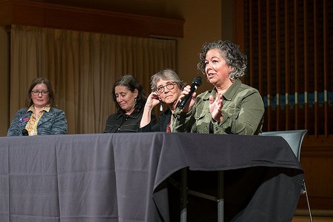 Rusty Rae/News-Register##Chelsea Marr, publisher of the Columbia Gorge News, responds during a Q&A session after a screening of the documentary “For the Record” at Linfield University. Other panelists were, from left, Dr. Jennifer Rauch, chair of the Linfield Journalism and Media Studies program, Heather Courtney, filmmaker; and Laurie Ezzell Brown, former editor of the Canadian Record.