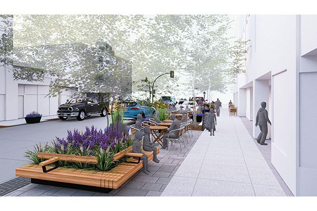 Image: Toole Design##At a presentation in December, the city showed that additional hardscaping will provide more uses such as outdoor dining areas. Shown are raised planters with benches retained from previous designs.