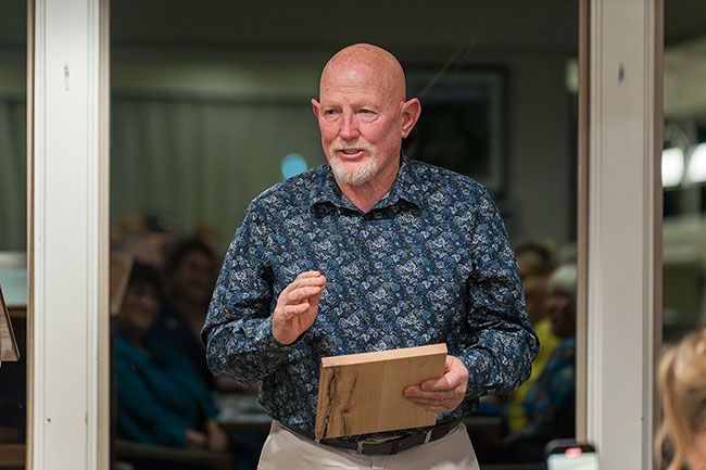 Rachel Thompson/News-Register##Brad Johnson, 1976 graduate and high jump and long jump school record holder was inducted into the Amity Hall of Fame.