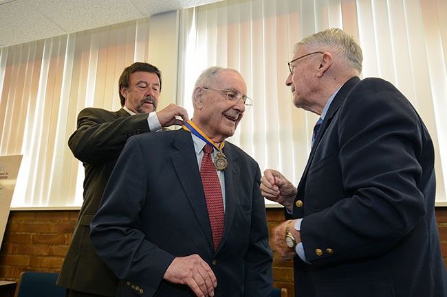 Master Sgt. Nich Choy/Oregon National Guard##Vic Atiyeh receives an Oregon National Guard medal at the Oregon Military Museum in 2012. Brigadier General James Thayer is at right and Terry Emmert at left. Master Sgt. Nich Choy/Oregon National Guard##Vic Atiyeh receives an Oregon National Guard medal at the Oregon Military Museum in 2012. Brigadier General James Thayer is at right and Terry Emmert at left.