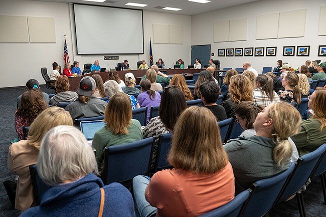 Rusty Rae/News-Register##Parents, other community members and school staff packed the McMinnville School District board room to hear board members discuss the employment status of Superintendent Debbie Brockett. Many people spoke, and almost everyone remained in place until the meeting ended at 9:38 p.m. Rusty Rae/News-Register##Parents, other community members and school staff packed the McMinnville School District board room to hear board members discuss the employment status of Superintendent Debbie Brockett. Many people spoke, and almost everyone remained in place until the meeting ended at 9:38 p.m.