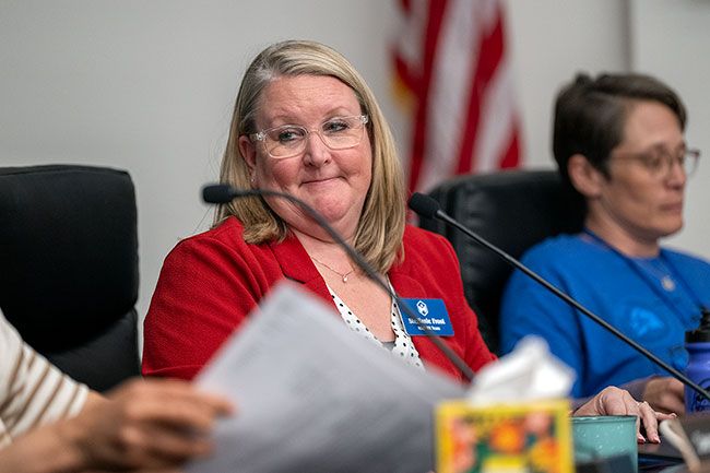 Rusty Rae/News-Register##Steffanie Frost, the school district’s human resources director, was appointed by Brockett to be acting superintendent during Brockett’s leave of absence. Next to Frost at the board meeting is board member Christine Bader. Rusty Rae/News-Register Rusty Rae/News-Register##Steffanie Frost, the school district’s human resources director, was appointed by Brockett to be acting superintendent during Brockett’s leave of absence. Next to Frost at the board meeting is board member Christine Bader. Rusty Rae/News-Register