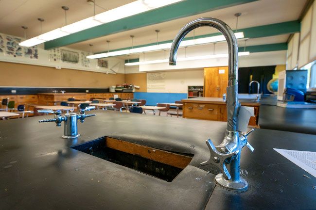 Rachel Thompson/News-Register##An unusable faucet in the SHS science lab is bandaged with duct tape. Science teacher Bryan Coyle teaches &ldquo;theoretical chemistry,&rdquo; as the facility is not up to code for conducting lab work.