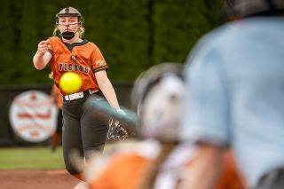 Rusty Rae/News-Register##Yamhill-Carlton pitcher junior Taylor Bradfield tossed a four-hit shutout while striking out 14 Bulldogs. She was also 2-4 at the plate with an RBI.