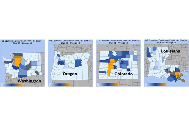 Figure 2: Counties with more than 5 cases per 100,000 as of 3/23/20 Figure 2: Counties with more than 5 cases per 100,000 as of 3/23/20
