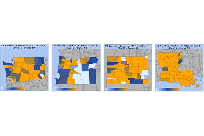 Figure 4: Counties with more than 5 cases per 100,000 as of 4/23/20 Figure 4: Counties with more than 5 cases per 100,000 as of 4/23/20
