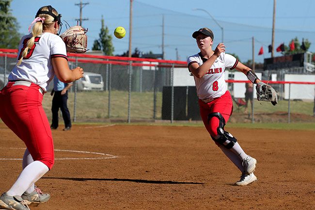 Andy Atkinson/ Rogue Valley Times##Second baseman Alex Bates flips the ball to first baseman Rylan Carton on a put out attempt. The Grizzlies committed three errors in their game against North Medford but none led to runs.