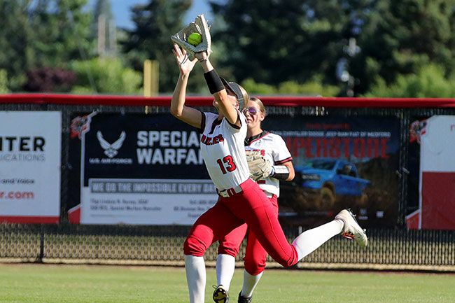 Andy Atkinson/ Rogue Valley Times##Sophomore Taylor Terry makes a catch in the outfield. Terry walked once in the game but recorded no hits as Mac’s offense fell stagnant.