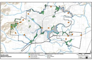 A natural features map designed by consultants shows McMinnville’s 30 tree groves, 11 riparian corridors and 16 scenic viewpoints that would be protected under proposed new regulations. A natural features map designed by consultants shows McMinnville’s 30 tree groves, 11 riparian corridors and 16 scenic viewpoints that would be protected under proposed new regulations.