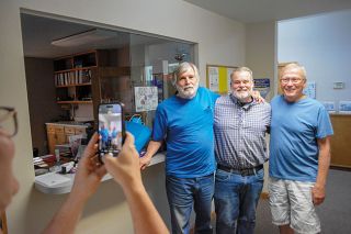 Emily Bonsant/News-Register##Longtime Sheridan School Board members Michael Griffith, Scott Burke and Larry Deibel pose for a photo during a reception in their honor after the June 18 meeting. All three are retiring from the board. Emily Bonsant/News-Register##Longtime Sheridan School Board members Michael Griffith, Scott Burke and Larry Deibel pose for a photo during a reception in their honor after the June 18 meeting. All three are retiring from the board.