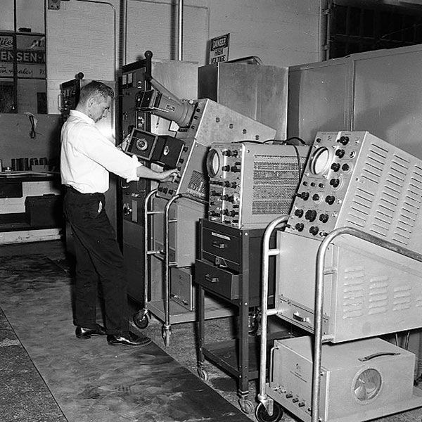 News-Register file photo##Engineer Jerry Cannon at work at FEMCOR in 1961, when it was downtown on Third Street News-Register file photo##Engineer Jerry Cannon at work at FEMCOR in 1961, when it was downtown on Third Street