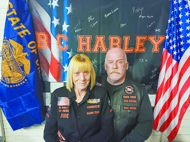 Judy Meierotto and David Stephens pose for a portrait. The duo are responsible for the creation of the BC Harley Race Team and split the on- and off-track duties. Meierotto leads,  The Magnificent 7,  an all female part of the group that leads the organizations donation duties. Meanwhile, Stevens works with the race team on tuning up their dragsters.
Photo courtesy of Nicole Evans