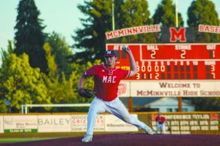 Nathan Ecker/News-Register 
Taylor Carnahan fires a pitch home during Mac’s Independent League game versus Tualatin on Monday, July 7, at Patton Middle School. Carnahan has impressed his coaches recently with a new delivery that has made opposing batters swing blindly at the plate. 
Nathan Ecker/News-Register