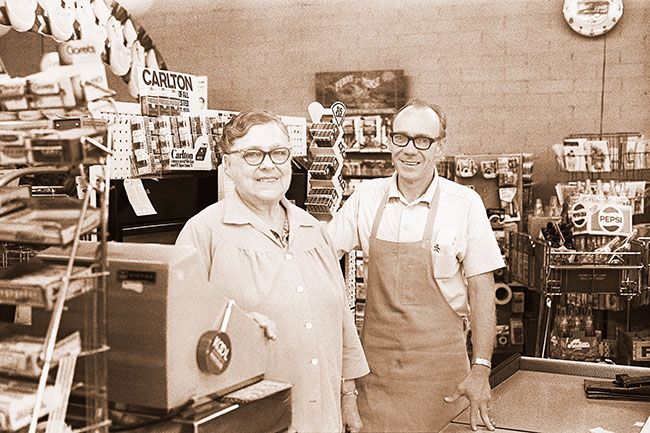 News-Register file photo##(July 11, 1975) Winnifred (Winnie) Combs recently celebrated 50 years in the grocery business. She began her career working at her parents’ store in Portland. Comb’s Grocery, 1215 N. Baker St. was founded by Winnie and her husband Arthur in 1946. Winnie is shown here with her son, Norman Combs, present owner of News-Register file photo##(July 11, 1975) Winnifred (Winnie) Combs recently celebrated 50 years in the grocery business. She began her career working at her parents’ store in Portland. Comb’s Grocery, 1215 N. Baker St. was founded by Winnie and her husband Arthur in 1946. Winnie is shown here with her son, Norman Combs, present owner of