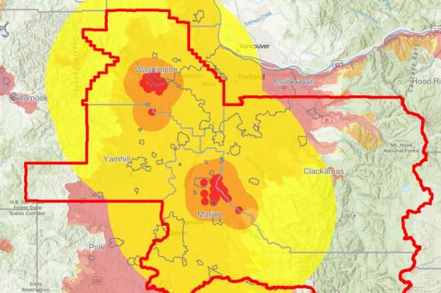 Oregon Department of Forestry##The Oregon Emerald Ash Borer Map shows in red areas confirmed findings of the invasive beetle (pictured below) that kills ash trees, within the Oregon Emerald Ash Borer Quarantine Area — comprised of Washington, Yamhill, Marion, and Clackamas counties. There has been one case confirmed of the species in Yamhill County (between Yamhill and Gaston), with many suspected yet unconfirmed.