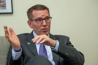 Rusty Rae/News-Register##Linfield’s new president, Mark Blegen, discusses increasing enrollment and retaining more students — the university is doing well, he said, but he would always like to see growth in those areas. Blegen joined Linfield in July.