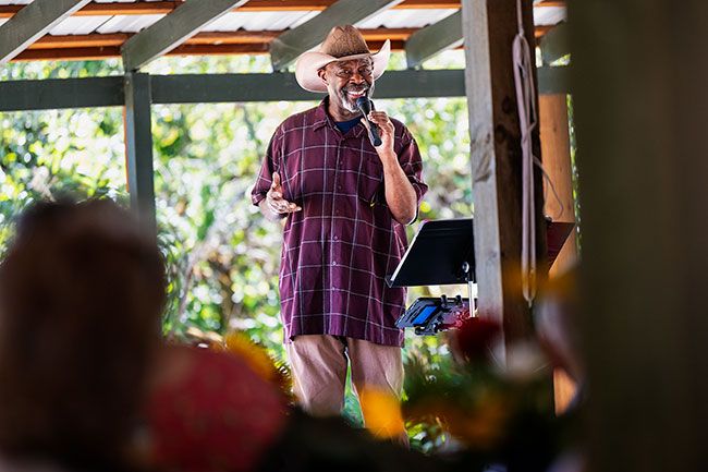 Rusty Rae/News-Register##Nehemiah Brown entertained a full house Saturday afternoon at the Rock of Ages event with his stylistic singing mixed with stories of his faith.