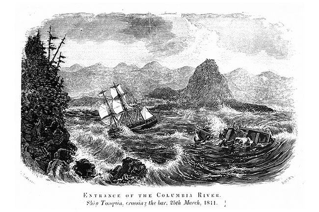 Image: Oregon Historical Society##This old engraving, signed “Avery,” shows what everyone assumes was the fate of the landing parties sent ashore across the Columbia River Bar in a rowboat at Capt. Jonathan Thorn’s insistence. Image: Oregon Historical Society##This old engraving, signed “Avery,” shows what everyone assumes was the fate of the landing parties sent ashore across the Columbia River Bar in a rowboat at Capt. Jonathan Thorn’s insistence.