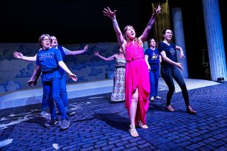 Rusty Rae/News-Register##Cast members of “Xanadu” rehearse for Gallery’s stage version spoofing the 1980s movie. From left, they are Thomas Millage, Noah Keener, Lisa Lindman, Paige Spellman, Kira Sandoval and Adrian Martin. The show runs Aug. 29 to Sept. 21. Rusty Rae/News-Register##Cast members of “Xanadu” rehearse for Gallery’s stage version spoofing the 1980s movie. From left, they are Thomas Millage, Noah Keener, Lisa Lindman, Paige Spellman, Kira Sandoval and Adrian Martin. The show runs Aug. 29 to Sept. 21.