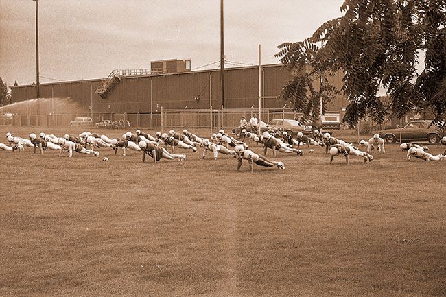 ##(Aug. 27, 1975) First day of practice for the Mac High Grizzlies saw much of the time spent loosening up muscles dormant from the summer months. Approximately 60 hopefuls turned out for daily doubles.