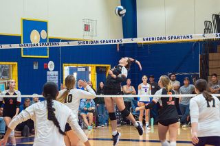 Tigers junior middle blocker Lilah Stahl (No. 11) jumps for a kill attempt against Sheridan in their match at the Sheridan Tournament at Sheridan High School on Saturday, Sept. 13.##Emily Bonsant/News-Register