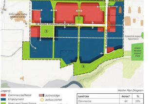 City of McMinnville##A map shows the planned zoning layout for McMinnville Landing, which will be split with 44 acres of commercial and 101 acres of industrial. The commercial space will be largely comprised of two to three big box stores facing Highway 18, according to project consultants.