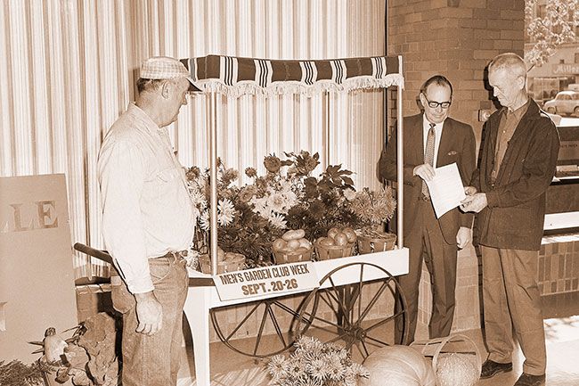 (Sept. 23, 1970) McMinnville Men’s Garden Club representatives, Steve Thomas, left, and Elmer Carlson, right look on as Mayor Norm Scott presents them notice of declaring Sept. 20-26 as Men’s Garden Club Week in the city. Club has a display at U.S. National Bank as it is sponsoring a pumpkin contest.