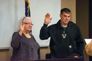 Emily Bonsant/News-Register##Rita Baller and Michael Alger are sworn in to the Willamina City Council by Mayor Vicki Hernandez on Tuesday. Baller was re-elected as council president. Emily Bonsant/News-Register##Rita Baller and Michael Alger are sworn in to the Willamina City Council by Mayor Vicki Hernandez on Tuesday. Baller was re-elected as council president.